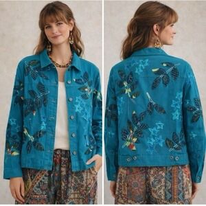 Chicos Teal Tropical/Leaf/Parrot Applique/Beaded Denim Jacket Sz 3 (XL-16) Artsy